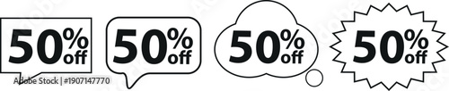 Minimalist black and white 50% off sale tag element set featuring speech bubble, cloud, and starburst shapes for promotional marketing and retail discount designs
