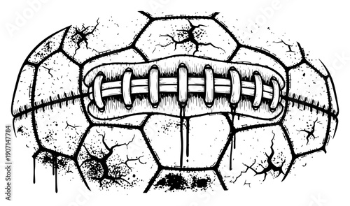 Gritty hand drawn soccer ball with cracks and dripping ink texture