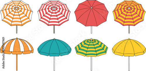 Colorful Beach Umbrellas Vector Set  Striped Summer Parasols Colorful Beach Umbrellas Vector Set Striped Summer Parasols