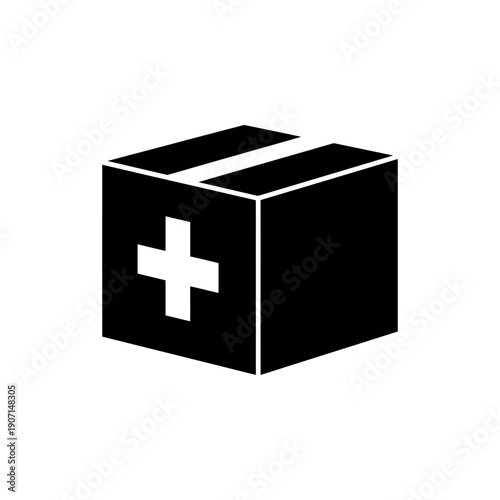flat black silhouette icon of humanitarian aid box with cross symbol, World Red Cross Day concept