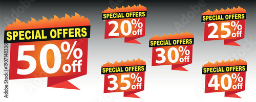 Set of hot fire flame special offer tags and discount element collection featuring 20% to 50% off for mega sale and burning deals
