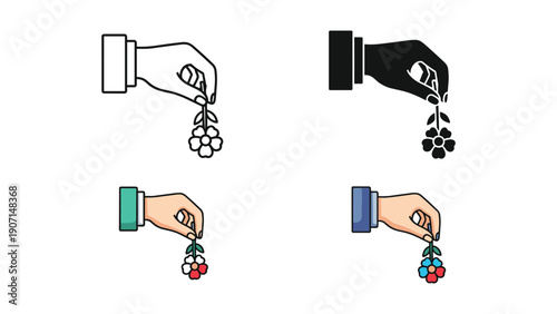 Hand holding flower bunch icon set, offering beauty and nature's gift vector graphic.