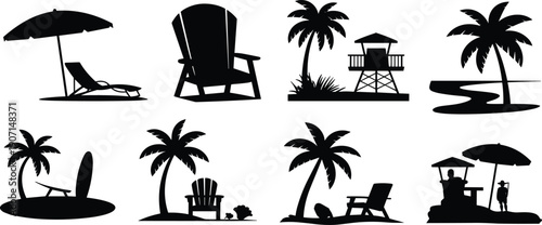 Black silhouette of beach scenes with palm trees chairs umbrellas and lifeguard stands