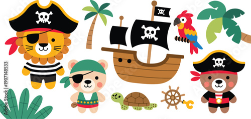 Cute Pirate Animals Adventure Illustration Set Featuring Lion, Bear, Parrot, Pirate Ship, Treasure, and Tropical Island Elements for Kids Nursery Decor, Storytelling, Children’s Books
