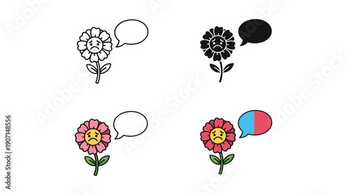 Crying Flower with Speech Bubble Icons: Outline, Silhouette, and Color for Sadness and Emotional Expression