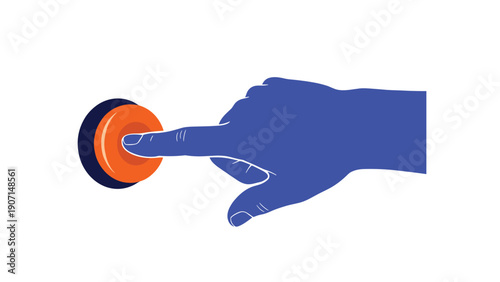 Stylized blue hand with a pointed index finger is about to press a large orange circular button in a modern conceptual illustration.