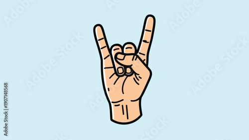 Hand gesture with index and pinky fingers raised in a rock on or horn sign represents music, rebellion, and youthful energy.