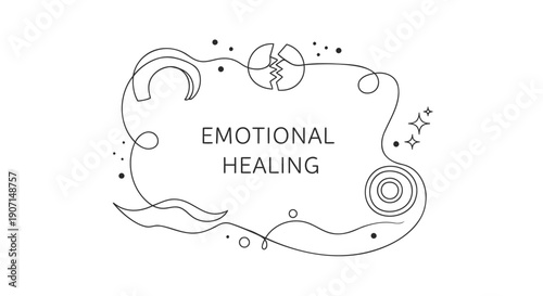 Emotional healing concept with line art design elements and text, for wellness website or mental health banner, isolated on transparent background, png