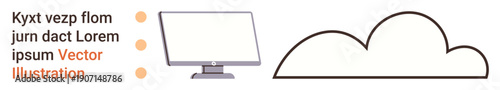 Cloud computing, technology services, data storage, web hosting, communication, digital tools. Desktop monitor illustration with stylized cloud shape. Cloud computing and technology services concept