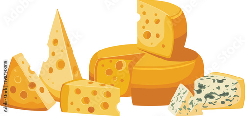 Assorted Cheese Vector Collection Featuring Whole Wheels, Wedges, Swiss Cheese Slices, Blue Cheese Varieties, and Gourmet Dairy Products in Detailed Flat and Realistic Vector Style