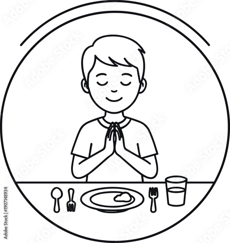 Little Boy Praying Before Meal in Circular Frame Showing Gratitude Faith and Daily Family Routine Line Art Vector Illustration