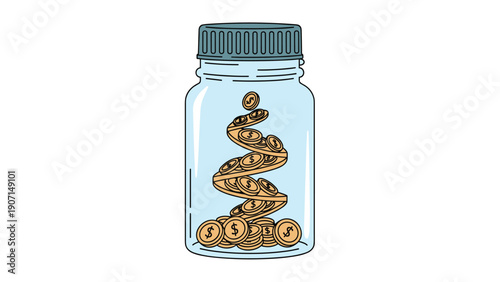 Clear glass jar with a metal lid is filled with a spiral of gold coins representing savings, investment, and financial growth.