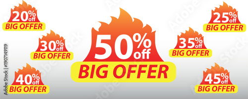 Set of burning fire flame big offer discount element stickers with percentage tags from 20% to 50% off for hot retail sales and promotions