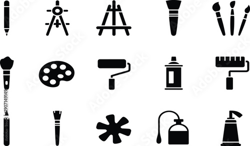Collection of black and tools on white background painting pencil 1