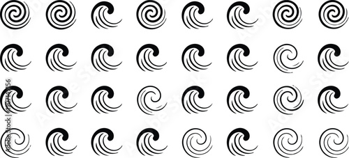 Wind Swirl and Wave Line Icon Vector Set Featuring Flowing Curves, Air Motion, Breeze Symbols, and Abstract Energy Elements for Weather Illustrations, Environmental Design
