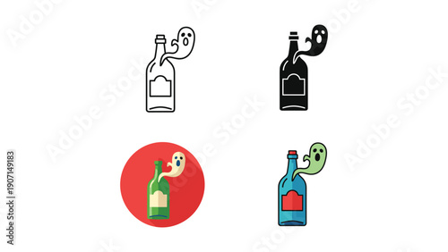 Ghost escaping a bottle, vector icons in various styles for supernatural or party themes