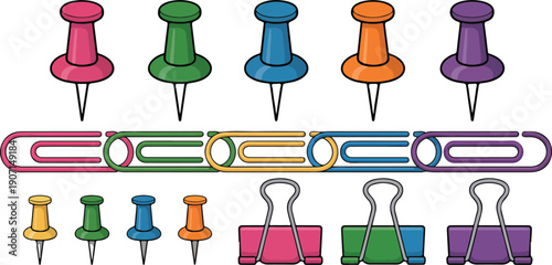 Colorful Office Stationery Supplies Vector Set Featuring Push Pins, Paper Clips, Binder Clips, and Fasteners for Organization, School, Business, Desk Decor, and Flat Vector Illustrations