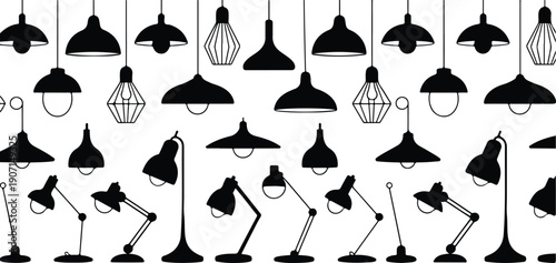 Lamp and Lighting Fixture Silhouette Icon Vector Set Featuring Pendant, Table, Desk, Floor, and Industrial Lamp Designs for Interior Design, Home Decor, Architecture