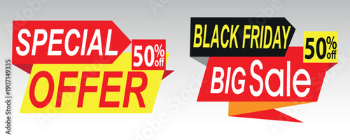Modern Special Offer and Black Friday Big Sale ribbon banner element set with 50% off discount tags for promotional retail marketing