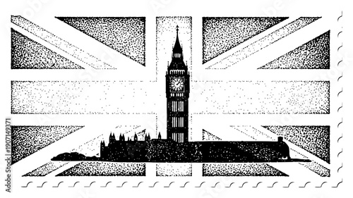 Vintage stippled engraving of Big Ben and London skyline with Union Jack flag background