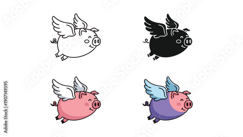 Flying Pig Icons with Wings: Outline, Silhouette, and Color Options for Impossible Dreams and Fantasy Concepts