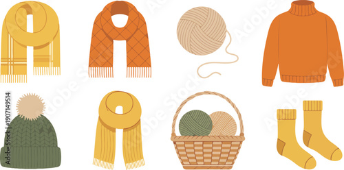 Winter Knitting and Warm Clothing Vector Set Featuring Scarves, Sweaters, Socks, Yarn, and Handmade Accessories for Cozy Fashion, DIY Projects, Seasonal Illustrations