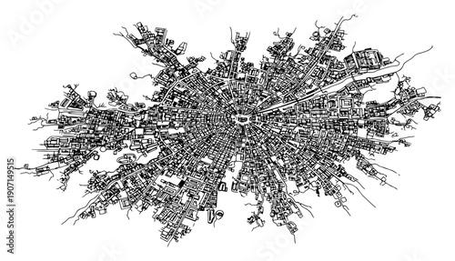 Detailed hand drawn radial city map with urban streets and buildings sketch