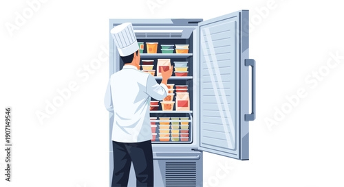 A male chef wearing a traditional white uniform and hat is reaching inside a large, open commercial refrigerator filled with organized food containers.