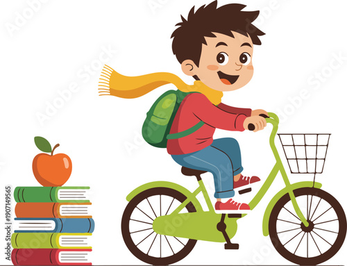 Cute Schoolboy Riding Bicycle Vector  Back to School & Learning Concept