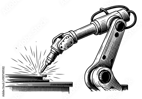Industrial robotic arm welding or laser cutting metal with sparks in a vintage engraved style