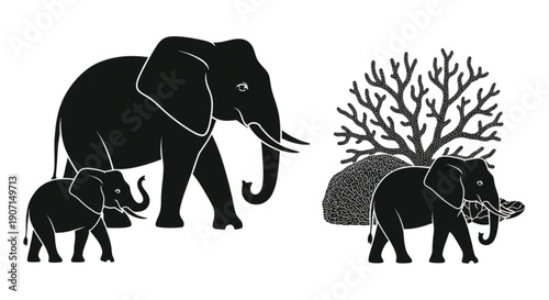 set of elephant silhouettes. Elephant shadow hand drawn. Flat vector illustration.