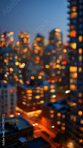 Mesmerizing bokeh lights illuminate a blurred city skyline, creating an abstract and vibrant urban glow at night