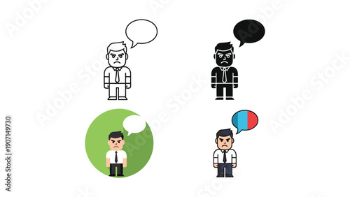 Sad Businessman with Speech Bubble Icon Set: Outline, Silhouette, and Colorful Variations
