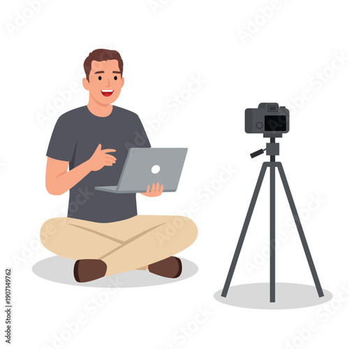 Man Recording Video with Laptop and Camera on Tripod. Flat vector illustration isolated on white background
