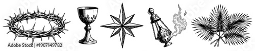 Set of vintage Christian religious symbols including crown of thorns and chalice in engraving style