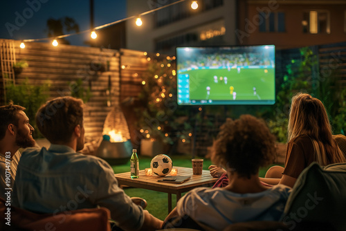 A group of people are watching a soccer game on a large screen. soccer, football