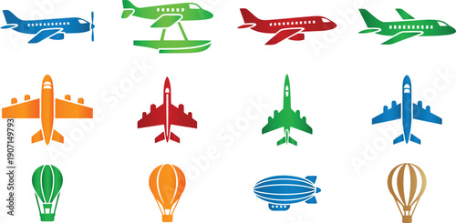 Colorful collection of airplane and balloon icons on white background aircraft propeller plane