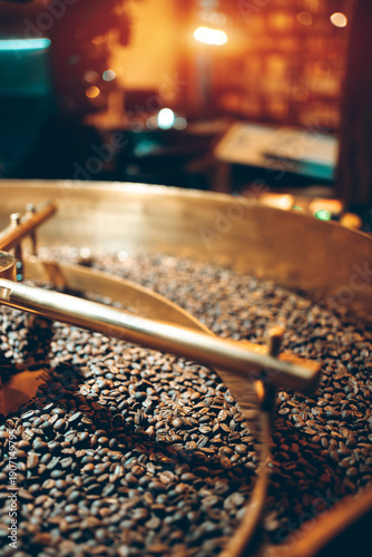 coffee beans roasting process closeup, professional roaster machinery equipment roast brown and golden colored cafe seeds close-up