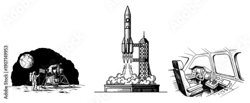 Collection of hand drawn space exploration illustrations featuring moon landing rocket launch and cockpit interior