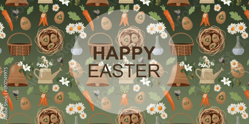 Festive seamless Easter pattern with eco themed eggs, carrots, daisies and garden elements on a green background, perfect for greeting cards and seasonal designs. Green easter. Vector illustration