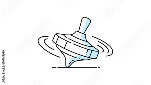 Blue and white spinning top toy in motion on a flat surface evokes nostalgic childhood memories, balance, physics concepts, and simple traditional play.