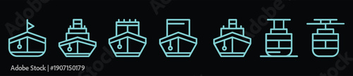 Set of six modern minimalist ship icons in turquoise neon line art on dark background for maritime design