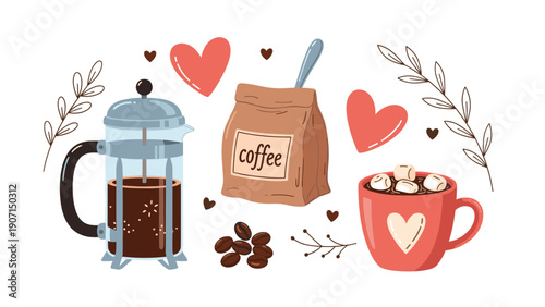 Cozy coffee time set including a glass french press and a bag of coffee beans plus a heart decorated mug with cocoa.