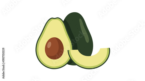 Fresh whole avocado alongside a half with a brown pit and a separate slice isolated on a white background for food.