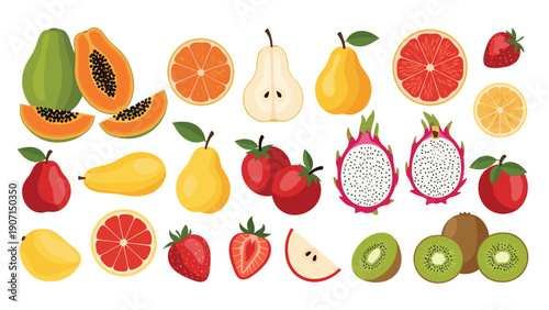 Massive set of various colorful fruits including whole and sliced pieces of pear and dragon fruit plus berries and kiwi.