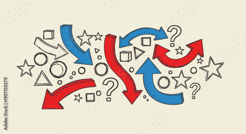 Vector decision making concept with red and blue arrows, question marks, stars, and geometric shapes for presentation or infographic