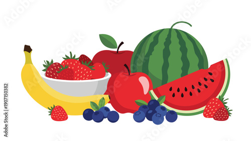 Colorful assortment of fresh organic fruits featuring watermelon slices strawberries bananas and ripe red apples.