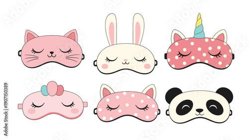 Set of six cute animal-themed sleeping masks including panda rabbit and unicorn designs for relaxation and comfort.