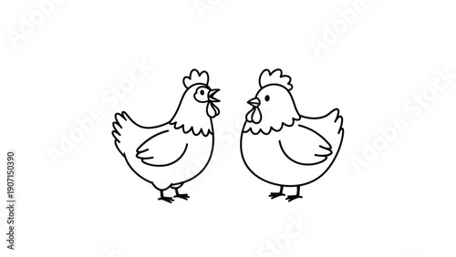 Minimalist line drawing of two chickens standing together on a white background suitable for coloring or design.