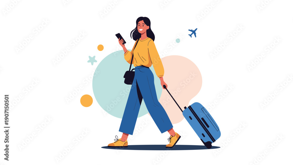 Fototapeta premium Happy young woman traveling while pulling a blue suitcase and checking her smartphone against a soft background.